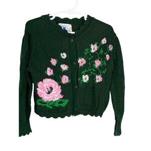 Vintage Hartstrings Green 4T Knit Cardigan With Pink Floral Embroidery Button-Do